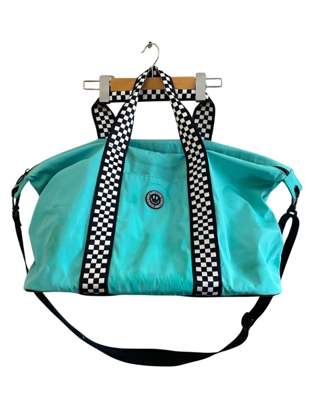 Olivia & Kate Turquoise Nylon Weekend Bag Checkered Straps – Fair/Good